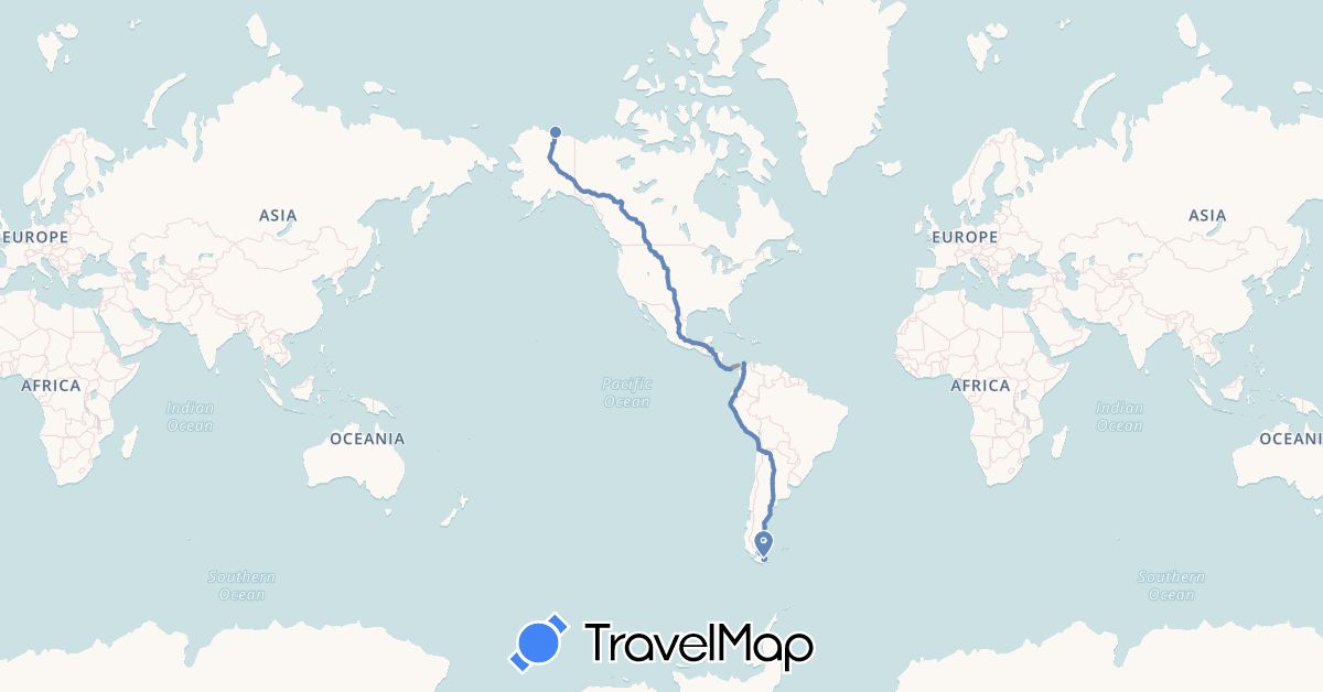 TravelMap itinerary: plane, cycling in Argentina, Canada, Chile, Colombia, Costa Rica, Ecuador, Guatemala, Honduras, Mexico, Nicaragua, Panama, Peru, United States (North America, South America)